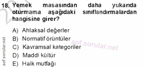 18. soru: Yemek masasından daha yukarıda oturmama aşağıdaki sınıflandırmalardan hangisine girer? A) Ahlaksal değerler B) Normat…