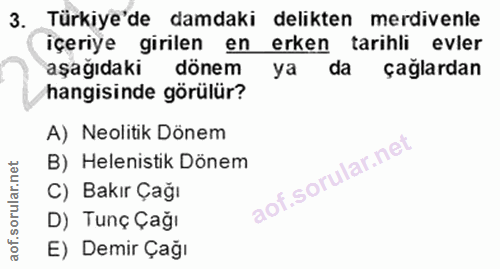 3. soru: Türkiye'de damdaki delikten merdivenle içeriye girilen en ferken tarihli evler aşağıdaki dönem ya da çağlardan hangis…