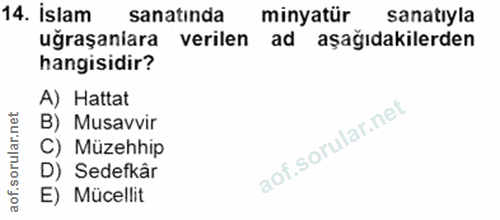 14. soru: İslam sanatında minyatür sanatiyla ugraşaniara verilen ad aşağıdakilerden hangisidir? A) Hattat B) Musavvir C) Müzehh…
