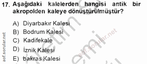 17. soru: Aşağıdaki kalelerden hangisi antik bir akropolden kaleye dönüştürülmüştür? A) Diyarbakır Kalesi B) Bodrum Kalesi C) K…