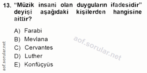 13. soru: "Müzik insani olan duyguların ifadesidir" deyişi aşağıdaki kişilerden hangisine aittir? A) Farabi B) Mevlana rular.ne…