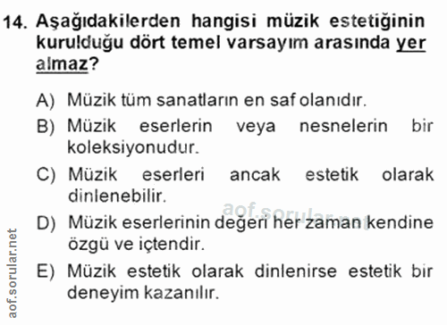 14. soru: Aşağıdakilerden hangisi müzik estetiğinin kurulduğu dört temel varsayım arasında yer almaz? A) Müzik tüm sanatların e…