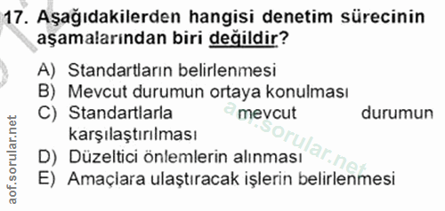 17. soru: Aşağıdakilerden hangisi denetim sürecinin aşamalarından biri değildir? A) Standartların belirlenmesi B) Mevcut durumu…