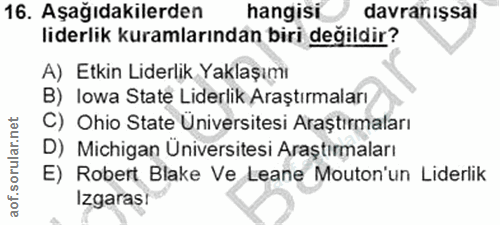 16. soru: Aşağıdakilerden hangisi davranışsal liderlik kuramlarından biri değildir? A) Etkin Liderlik Yaklaşımı B) lowa State L…
