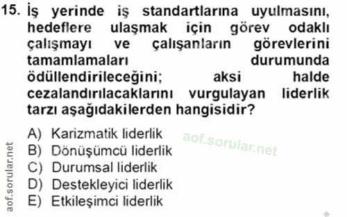 15. soru: İş yerinde iş standartlarına uyulmasını, hedeflere ulaşmak için görev odaklı çalışmayı ve çalışanların görevlerini ta…