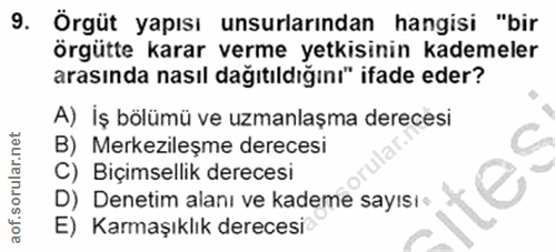 9. soru: Örgüt yapısı unsurlarından hangisi "bir örgütte karar verme yetkisinin kademeler arasında nasıl dağıtıldığını" ifade…