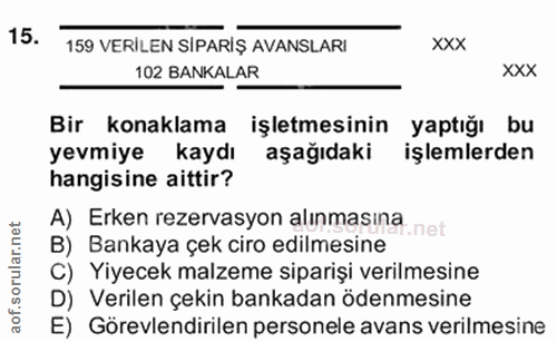 15. soru: 159 VERİLEN SİPARİŞ AVANSLARI XXX 102 BANKALAR XXX Bir konaklama işletmesinin yaptığı bu yevmiye kaydı aşağıdaki ( iş…