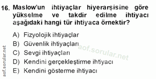 16. soru: Maslow'un ihtiyaçlar hiyerarşisine göre yükselme ve takdir edilme ihtiyacı aşağıdaki hangi tür ihtiyaca örnektir? A)…