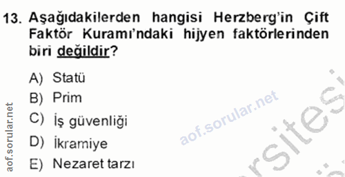 13. soru: Aşağıdakilerden hangisi Herzberg'in Çift Faktör Kurami'ndaki hijyen faktörlerinden biri değildir? A) Statü B) Prim C)…
