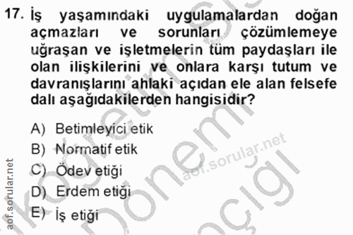 17. soru: İş yaşamındaki uygulamalardan doğan açmazları ve sorunları/ çözümlemeye uğraşan ve işletmelerin tüm paydaşları ile ol…