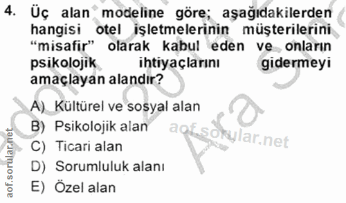 4. soru: Üç alan modeline göre; aşağıdakilerden hangisi otel işletmelerinin müşterilerini "misafir" olarak kabul eden ve, onla…