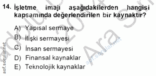 14. soru: İşletme imajı aşağıdakilerden hangisi kapsamında değerlendirilen bir kaynaktır? A) Yapısal sermaye B) ilişki sermayes…