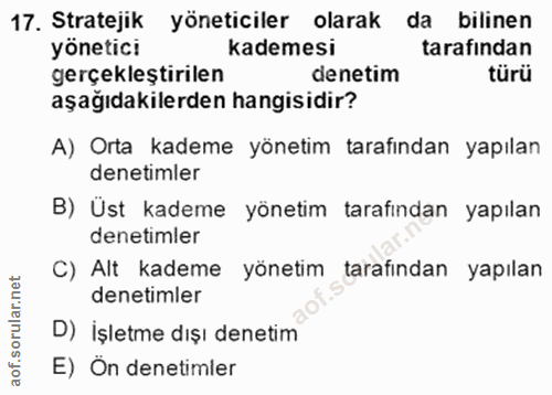 17. soru: Stratejik yöneticiler olarak da bilinen yönetici kademesi tarafından gerçekleştirilen denetim türü aşağıdakilerden ha…
