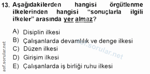 13. soru: Aşağıdakilerden hangisi örgütlenme ilkelerinden hangisi "sonuçlarla ilgili ilkeler" arasında yer almaz? A) Disiplin i…