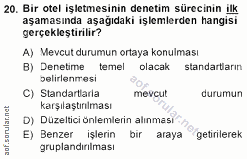20. soru: Bir otel işletmesinin denetim sürecinin ilk aşamasında aşağıdaki işlemlerden hangisi gerçekleştirilir? A) Mevcut duru…