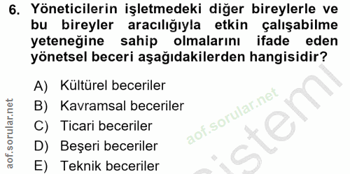 6. soru: Yöneticilerin işletmedeki diğer bireylerle ve bu bireyler aracılığıyla etkin çalışabilme yeteneğine sahip olmalarını…