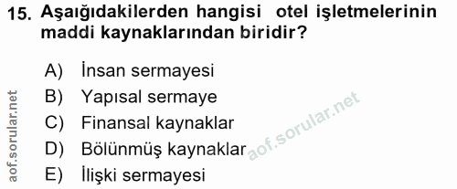 15. soru: Aşağıdakilerden hangisi otel işletmelerinin maddi kaynaklarından biridir? A) Insan sermayesi B) Yapısal sermaye D) Bö…