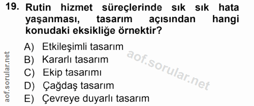 19. soru: Rutin hizmet süreçlerinde sık sık hata yaşanması, tasarım açısından hangi konudaki eksikliğe örnektir? A) Etkileşimli…