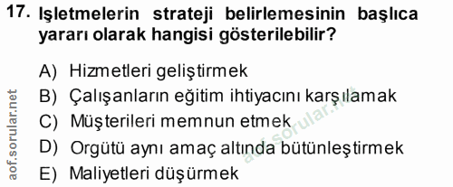 17. soru: Işletmelerin strateji belirlemesinin başlıca yararı olarak hangisi gösterilebilir? A) Hizmetleri geliştirmek B) Çalış…