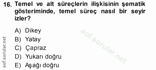 16. soru: Temel ve alt süreçlerin ilişkisinin şematik gösteriminde, temel süreç nasıl bir seyir izler? A) Dikey B) Yatay C) Çap…