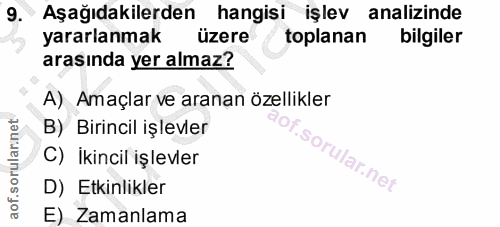 9. soru: Aşağıdakilerden hangisi işlev analizinde yararlanmak üzere toplanan bilgiler arasında yer almaz? A) Amaçlar ve aranan…