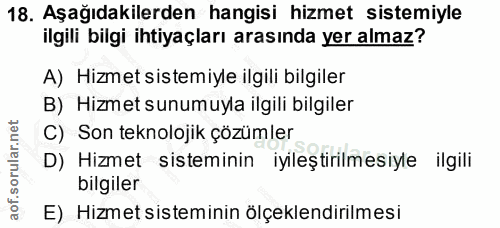 18. soru: Aşağıdakilerden hangisi hizmet sistemiyle ilgili bilgi ihtiyaçları arasında yer almaz? A) Hizmet sistemiyle ilgili bi…