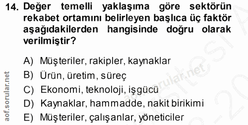 14. soru: Değer temelli yaklaşıma göre sektörün rekabet ortamını belirleyen başlıca üç faktör aşağıdakilerden hangisinde doğru…