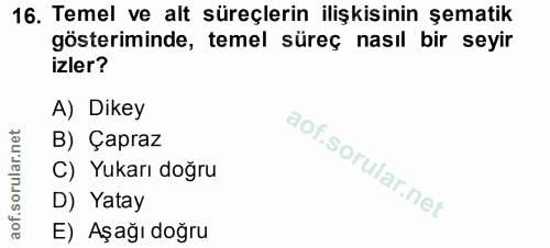 16. soru: Temel ve alt süreçlerin ilişkisinin şematik gösteriminde, temel süreç nasıl bir seyir izler? A) Dikey B) Çapraz C) Yu…