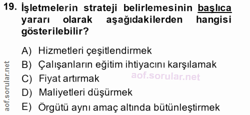 19. soru: İşletmelerin strateji belirlemesinin başlıca yararı olarak aşağıdakilerden hangisi gösterilebilir? A) Hizmetleri çeşi…