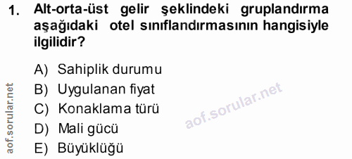 1. soru: Alt-orta-üst gelir şeklindeki gruplandırma aşağıdaki otel sınıflandırmasının hangisiyle ilgilidir? A) Sahiplik durumu…