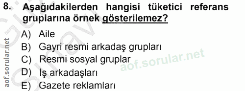 8. soru: Aşağıdakilerden hangisi tüketici referans gruplarına örnek gösterilemez? A) Aile B) Gayri resmi arkadaş grupları Resm…