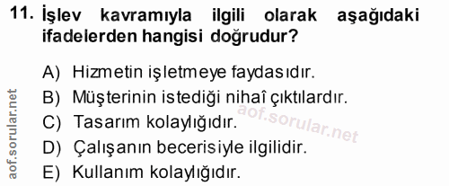 11. soru: İşlev kavramıyla ilgili olarak aşağıdaki ifadelerden hangisi doğrudur? A) Hizmetin işletmeye faydasıdır. B) Müşterini…