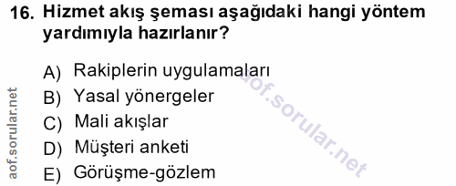 16. soru: Hizmet akış şeması aşağıdaki hangi yöntem yardımıyla hazırlanır? A) Rakiplerin uygulamaları B) Yasal yönergeler aof.s…