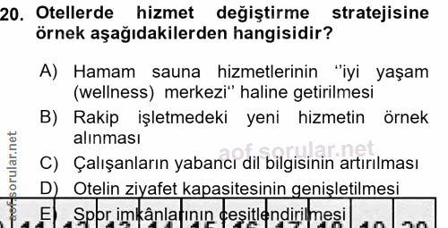20. soru: Otellerde hizmet değiştirme stratejisine örnek aşağıdakilerden hangisidir? A) Hamam sauna hizmetlerinin "iyi yaşam (w…