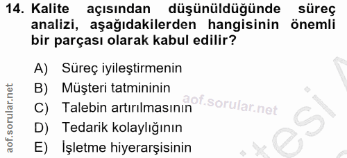 14. soru: Kalite açısından düşünüldüğünde süreç analizi, aşağıdakilerden hangisinin önemli bir parçası olarak kabul edilir? A)…
