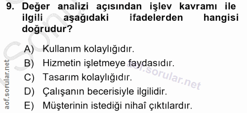 9. soru: Değer analizi açısından işlev kavramı ile ilgili aşağıdaki ifadelerden hangisi doğrudur? A) Kullanım kolaylığıdır. B)…