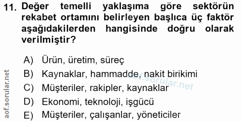 11. soru: Değer temelli yaklaşıma göre sektörün rekabet ortamını belirleyen başlıca üç faktör aşağıdakilerden hangisinde doğru…