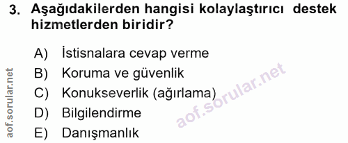 3. soru: Aşağıdakilerden hangisi kolaylaştırıcı destek hizmetlerden biridir? A) Istisnalara cevap verme B) Koruma ve güvenlik…