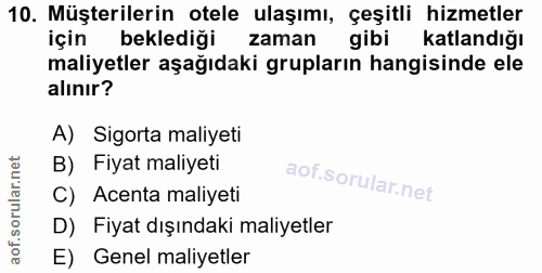 10. soru: Müşterilerin otele ulaşımı, çeşitli hizmetler için beklediği zaman gibi Katlandığı maliyetler aşağıdaki grupların han…