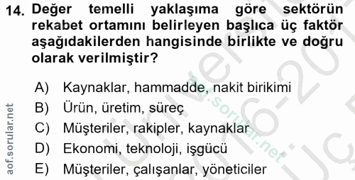 14. soru: Değer temelli yaklaşıma göre sektörün rekabet ortamını belirleyen başlıca üç faktör aşağıdakilerden hangisinde birlik…