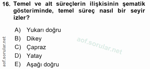 16. soru: Temel ve alt süreçlerin ilişkisinin şematik gösteriminde, temel süreç nasıl bir seyir izler? A) Yukarı doğru B) Dikey…