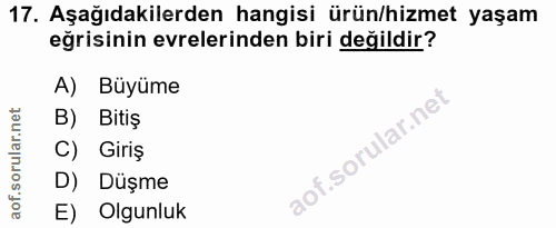 17. soru: Aşağıdakilerden hangisi ürün/hizmet yaşam eğrisinin evrelerinden biri değildir? A) Büyüme B) Bitiş C) Giriş D) Düşme…