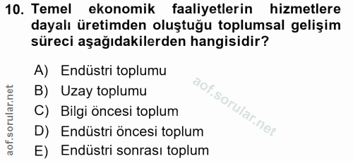 10. soru: Temel ekonomik faaliyetlerin hizmetlere dayalı üretimden oluştuğu toplumsal gelişim süreci aşağıdakilerden hangisidir…