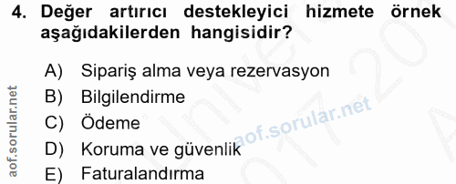 4. soru: Değer artırıcı destekleyici hizmete örnek aşağıdakilerden hangisidir? A) Sipariş alma veya rezervasyon B) Bilgilendir…