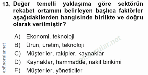 13. soru: Değer temelli yaklaşıma göre sektörün rekabet ortamını belirleyen başlıca faktörler aşağıdakilerden hangisinde birlik…