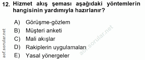 12. soru: Hizmet akış şeması aşağıdaki yöntemlerin hangisinin yardımıyla hazırlanır? A) Görüşme-gözlem B) Müşteri anketi C) Mal…