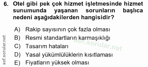 6. soru: Otel gibi pek çok hizmet işletmesinde hizmet sunumunda yaşanan sorunlarin başlıca nedeni aşağıdakilerden hangisidir?…