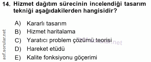 14. soru: Hizmet dağıtım sürecinin incelendiği tasarım tekniği aşağıdakilerden hangisidir? A) Kararlı tasarım B) Hizmet harital…