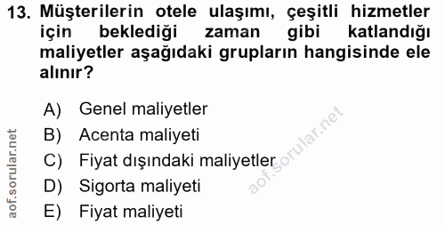 13. soru: Müşterilerin otele ulaşımı, çeşitli hizmetler için beklediği zaman gibi katlandığı maliyetler aşağıdaki grupların han…
