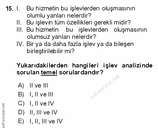 15. soru: I. Bu hizmetin bu işlevlerden oluşmasının olumlu yanları nelerdir? II. Bu işlevin tüm özellikleri gerekli midir? Ill.…